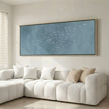 Les Oiseaux Framed Canvas - Sky Blue / Panoramic