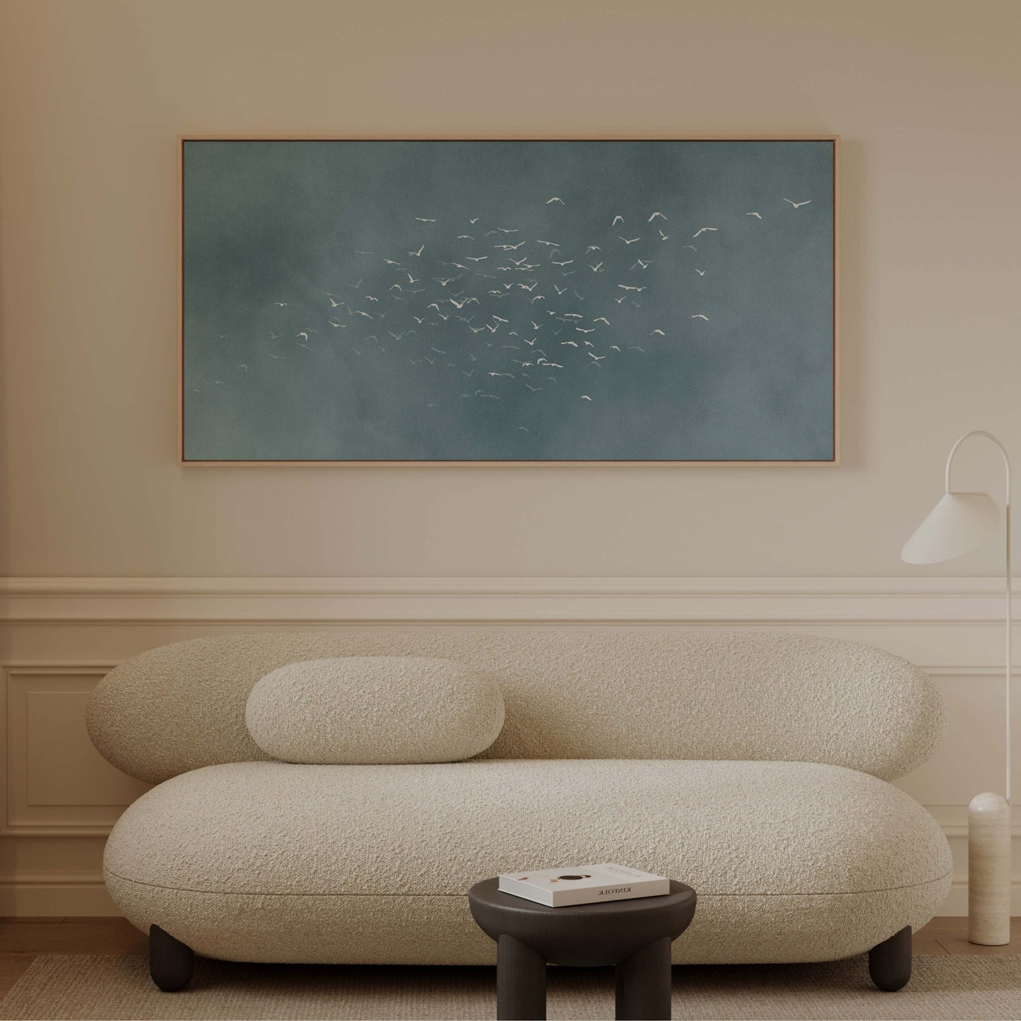 Les Oiseaux Framed Canvas - Sky Blue / Panoramic - AureousHome