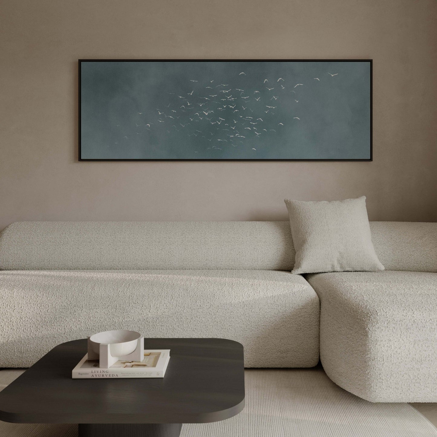 Les Oiseaux Framed Canvas - Sky Blue / Panoramic - AureousHome