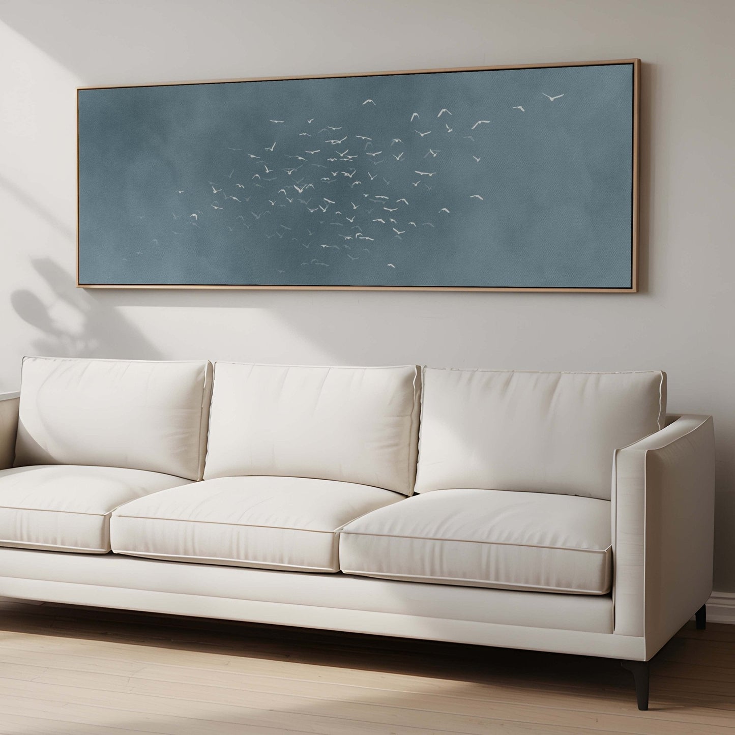 Les Oiseaux Framed Canvas - Sky Blue / Panoramic - AureousHome