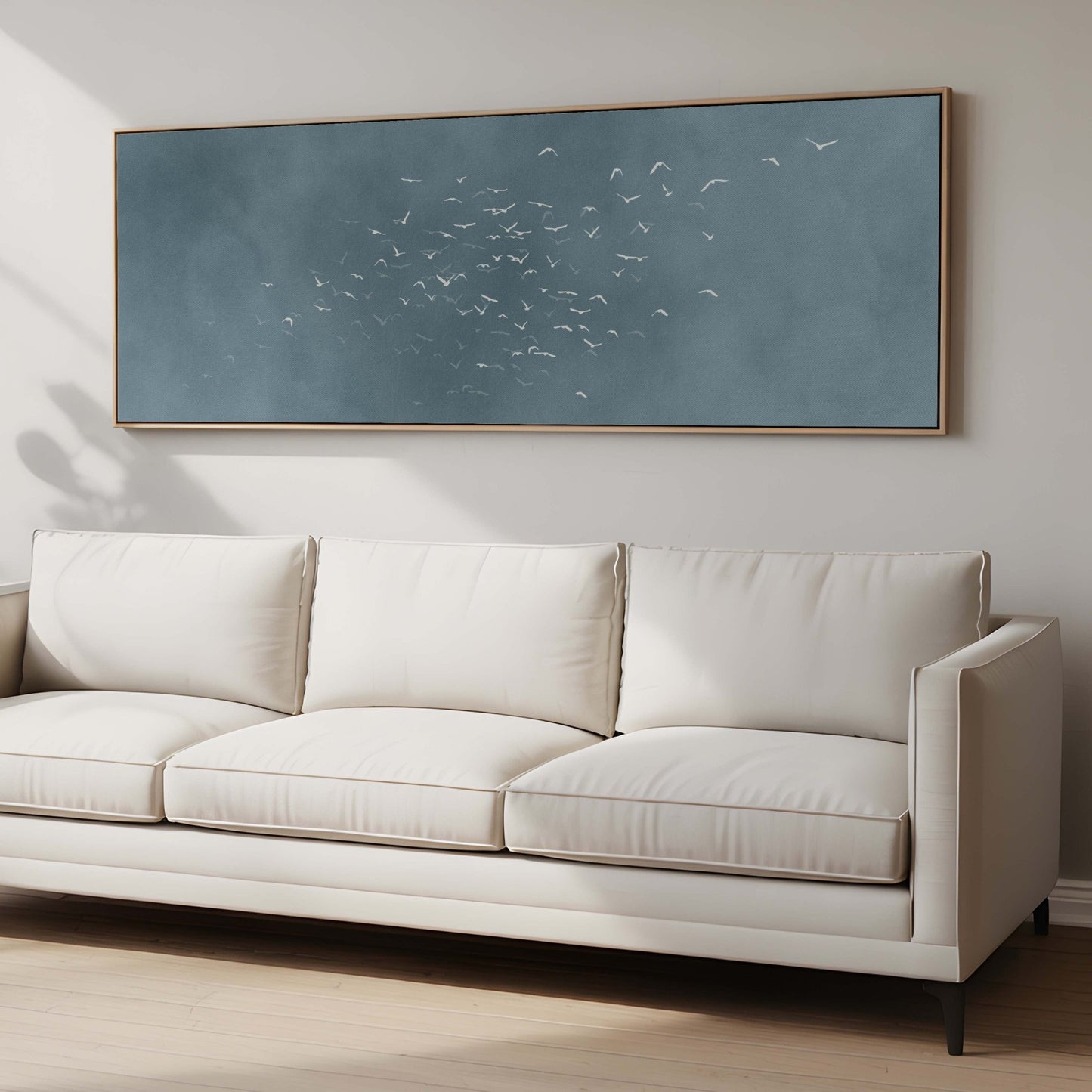 Les Oiseaux Framed Canvas - Sky Blue / Panoramic - AureousHome