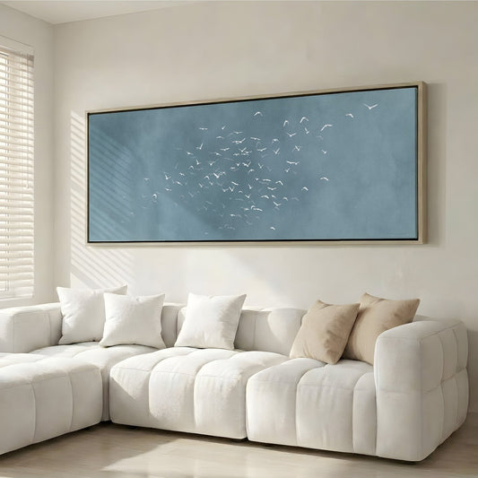 Les Oiseaux Framed Canvas - Sky Blue / Panoramic - AureousHome