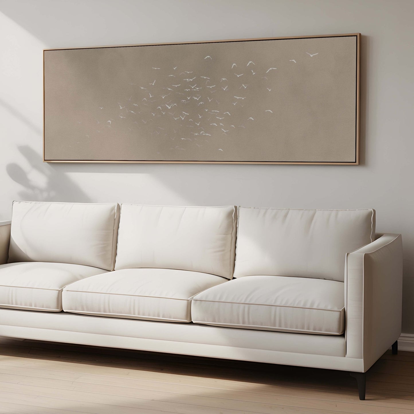 Les Oiseaux Framed Canvas - Taupe / Panoramic - AureousHome