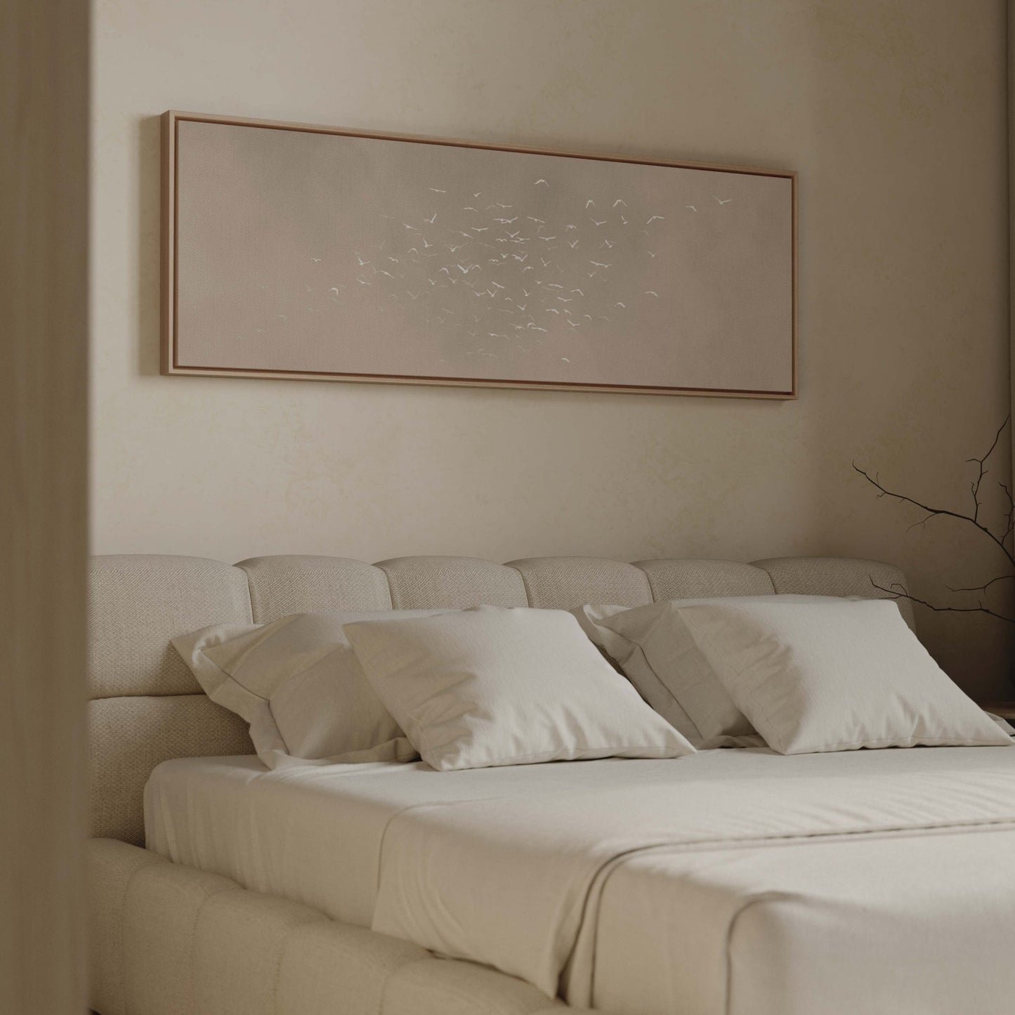 Les Oiseaux Framed Canvas - Taupe / Panoramic - AureousHome