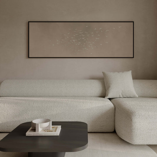 Les Oiseaux Framed Canvas - Taupe / Panoramic - AureousHome