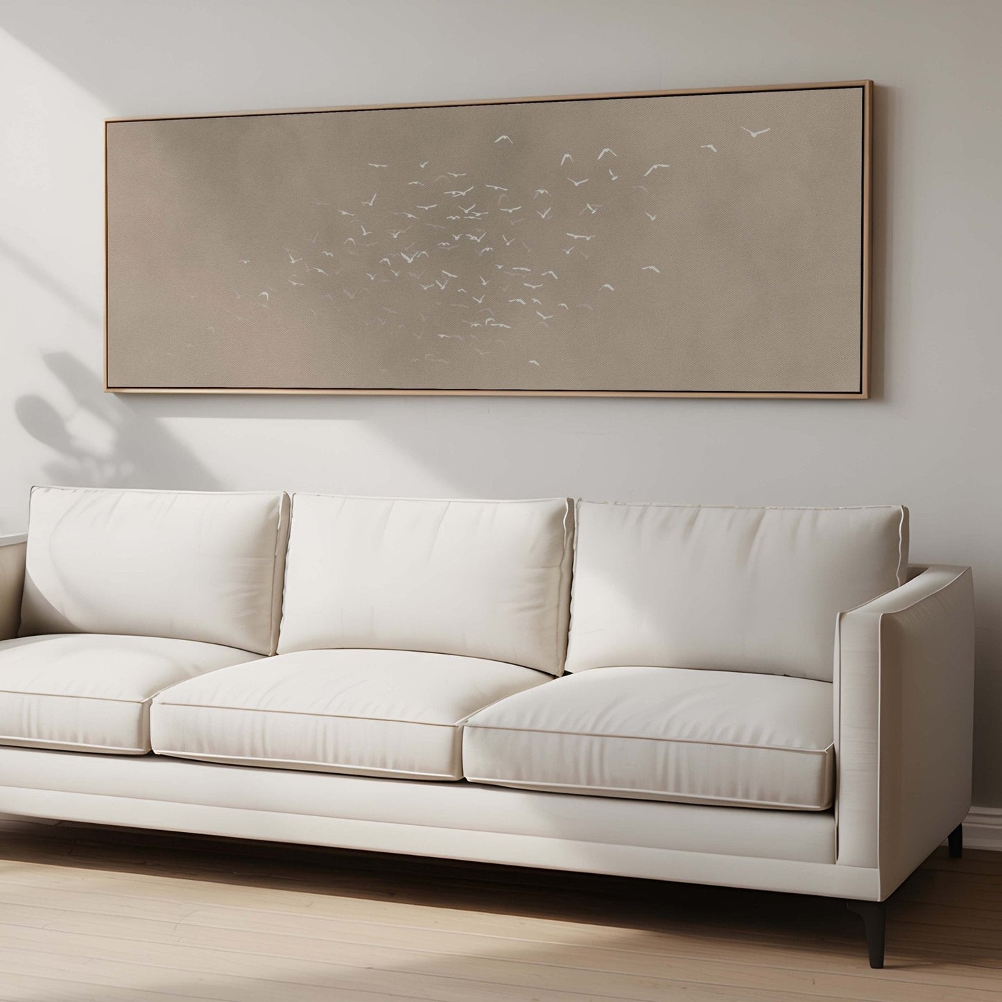Les Oiseaux Framed Canvas - Taupe / Panoramic - AureousHome