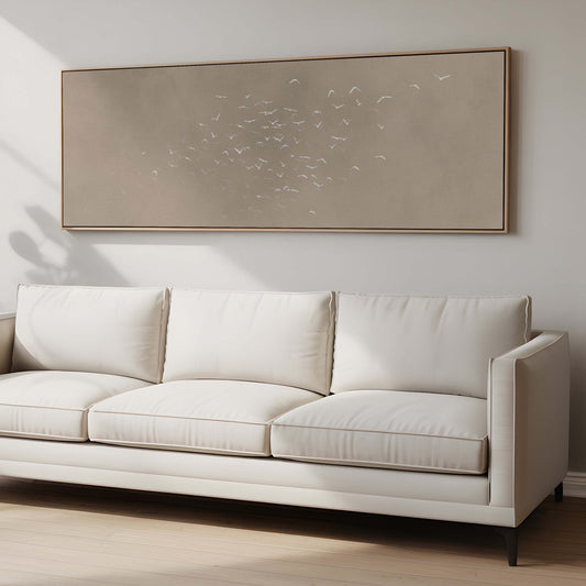 Les Oiseaux Framed Canvas - Taupe / Panoramic - AureousHome