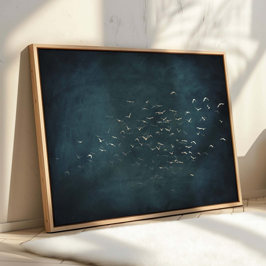 Les Oiseaux Framed Canvas - Vintage Blue / Horizontal - AureousHome