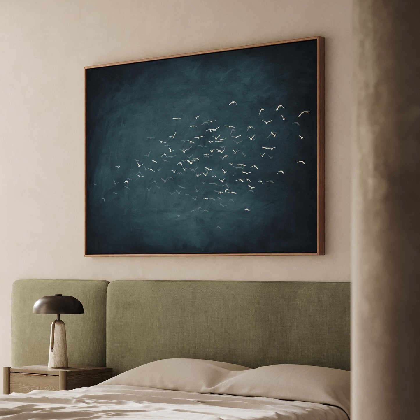 Les Oiseaux Framed Canvas - Vintage Blue / Horizontal - AureousHome