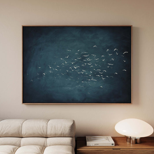 Les Oiseaux Framed Canvas - Vintage Blue / Horizontal - AureousHome