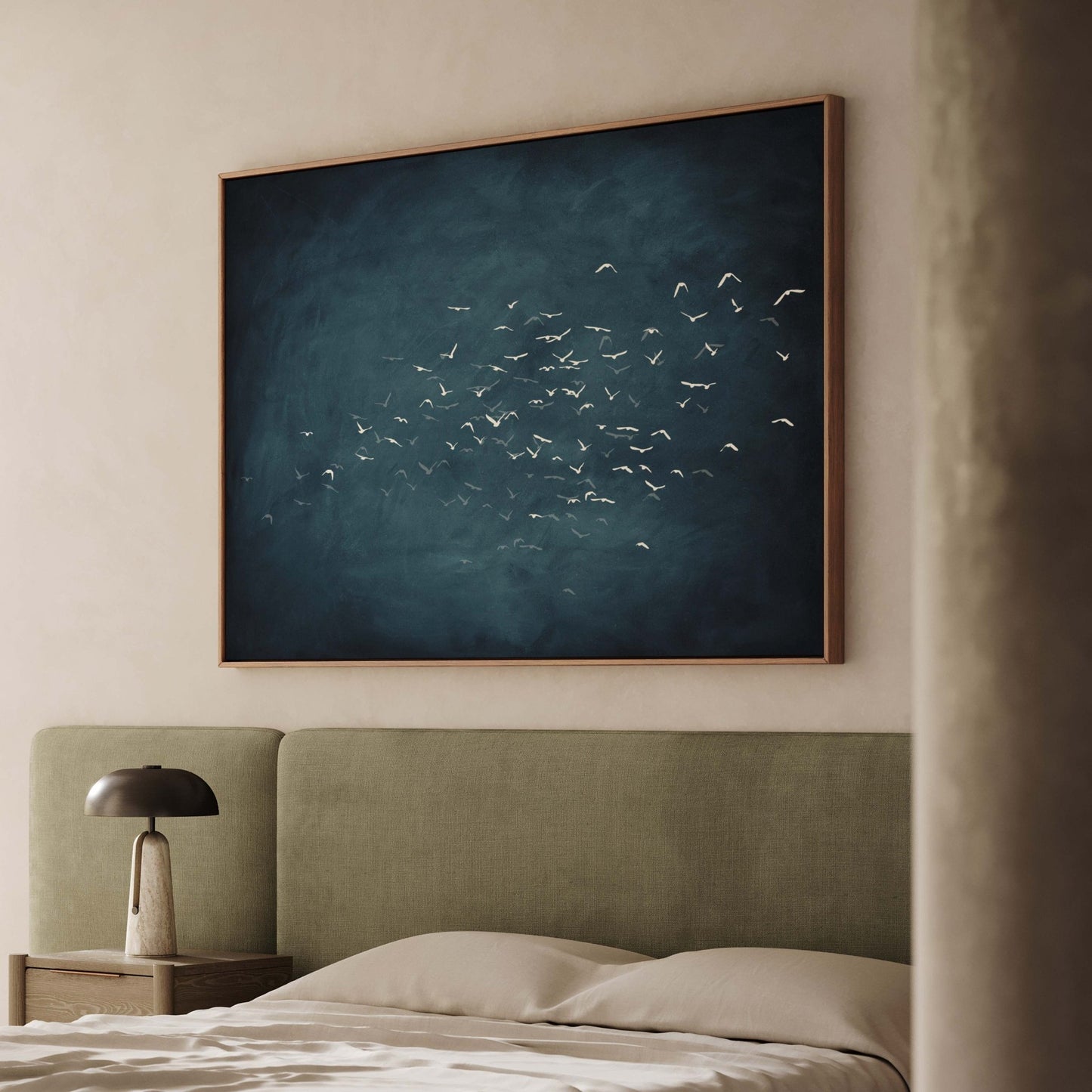 Les Oiseaux Framed Canvas - Vintage Blue / Horizontal - AureousHome