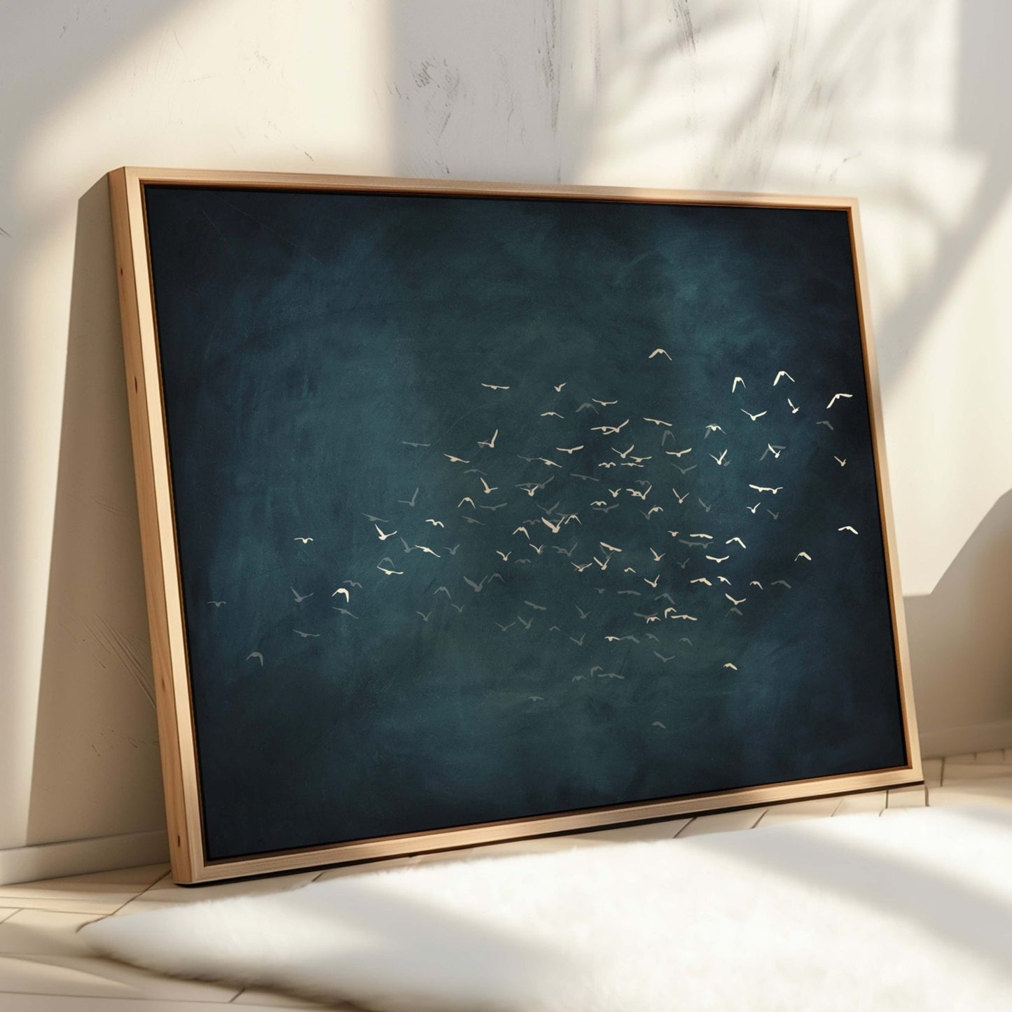 Les Oiseaux Framed Canvas - Vintage Blue / Horizontal - AureousHome