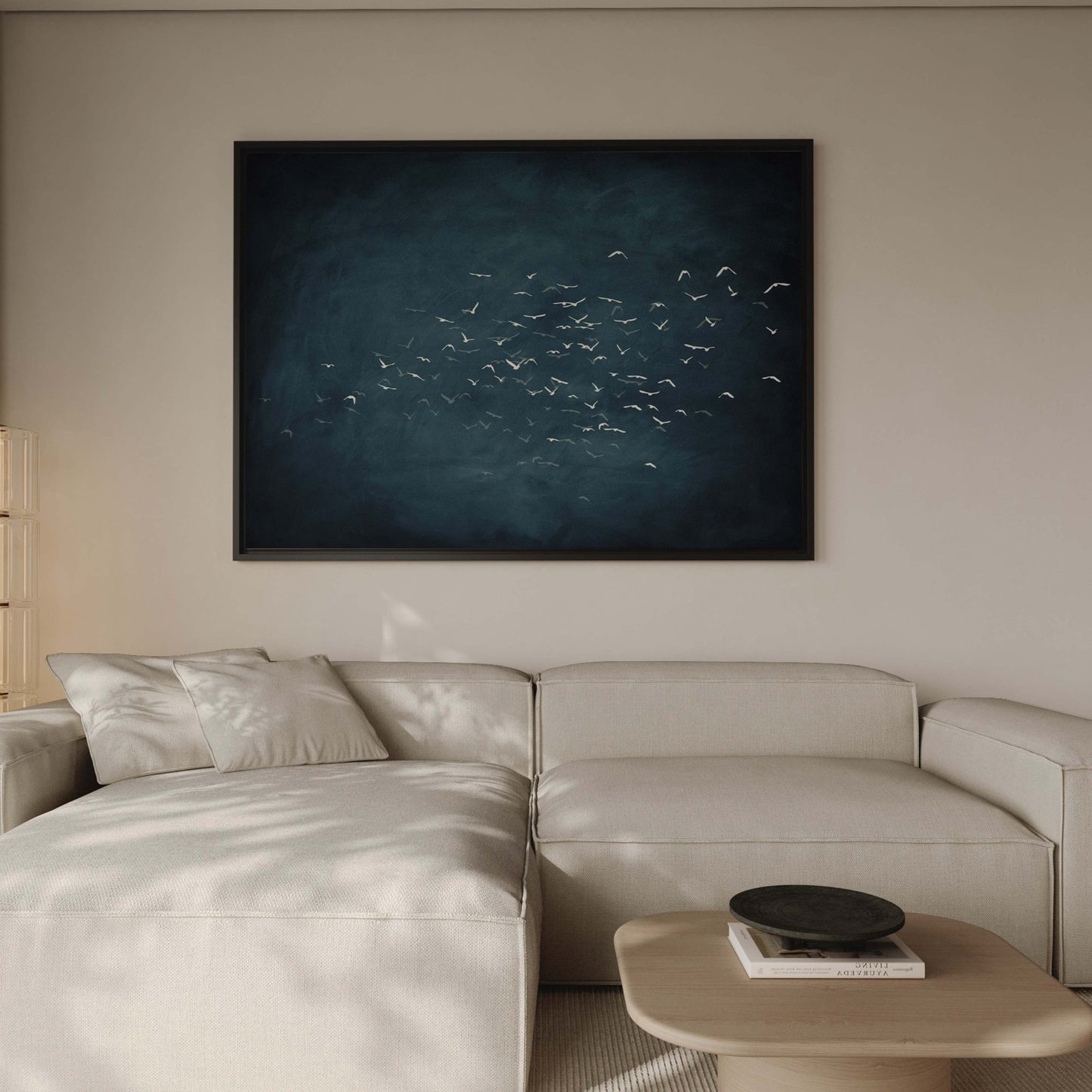 Les Oiseaux Framed Canvas - Vintage Blue / Horizontal - AureousHome