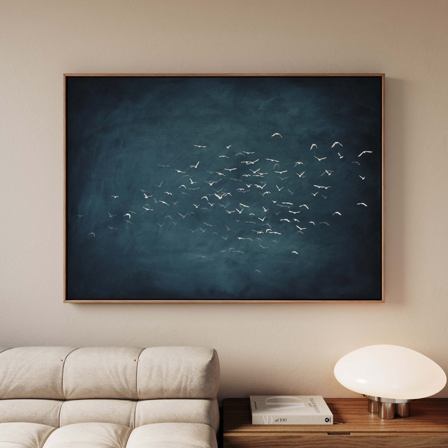 Les Oiseaux Framed Canvas - Vintage Blue / Horizontal - AureousHome