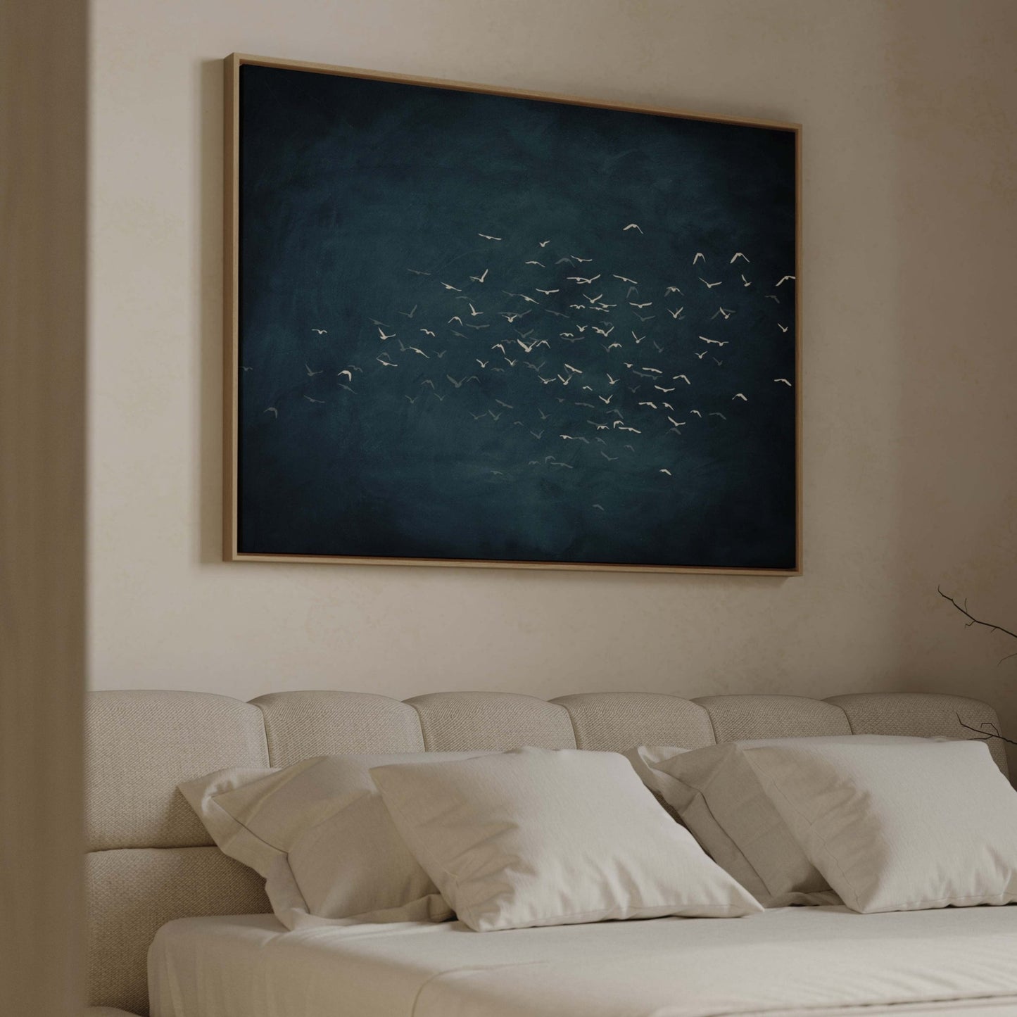 Les Oiseaux Framed Canvas - Vintage Blue / Horizontal - AureousHome