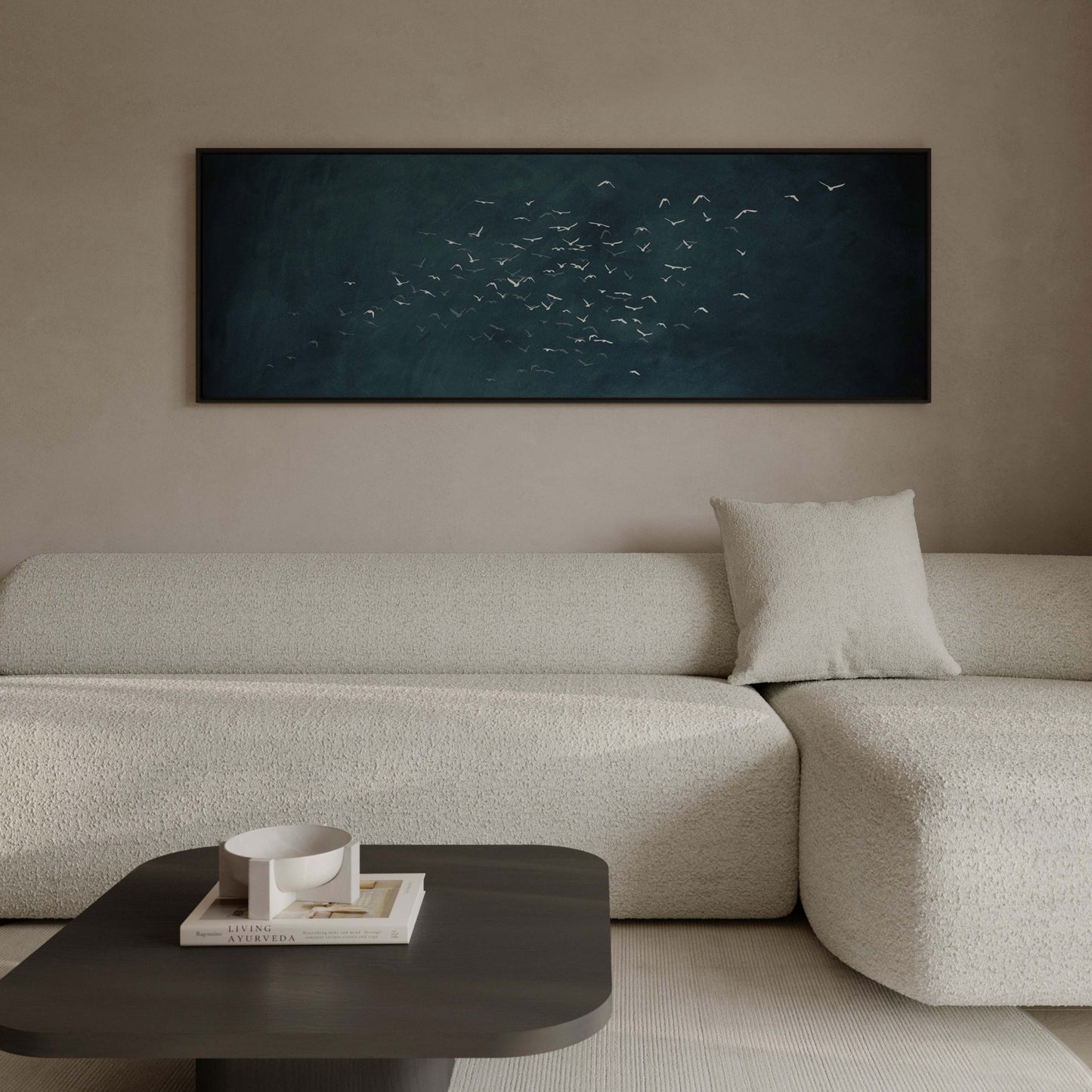 Les Oiseaux Framed Canvas - Vintage Blue / Panoramic - AureousHome
