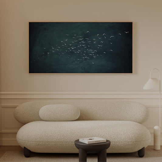 Les Oiseaux Framed Canvas - Vintage Blue / Panoramic - AureousHome