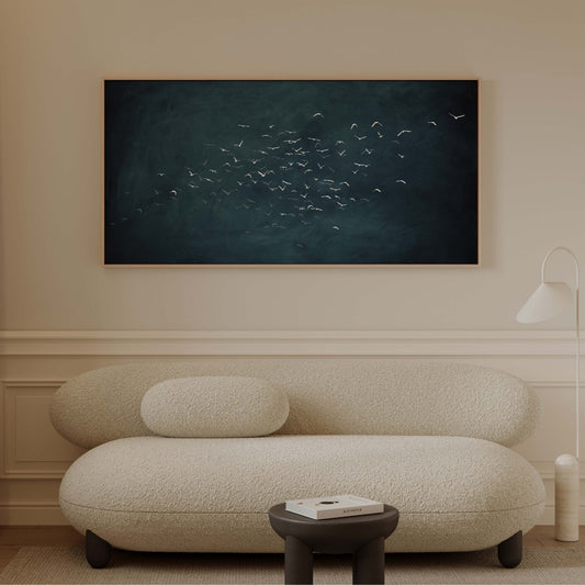 Les Oiseaux Framed Canvas - Vintage Blue / Panoramic - AureousHome