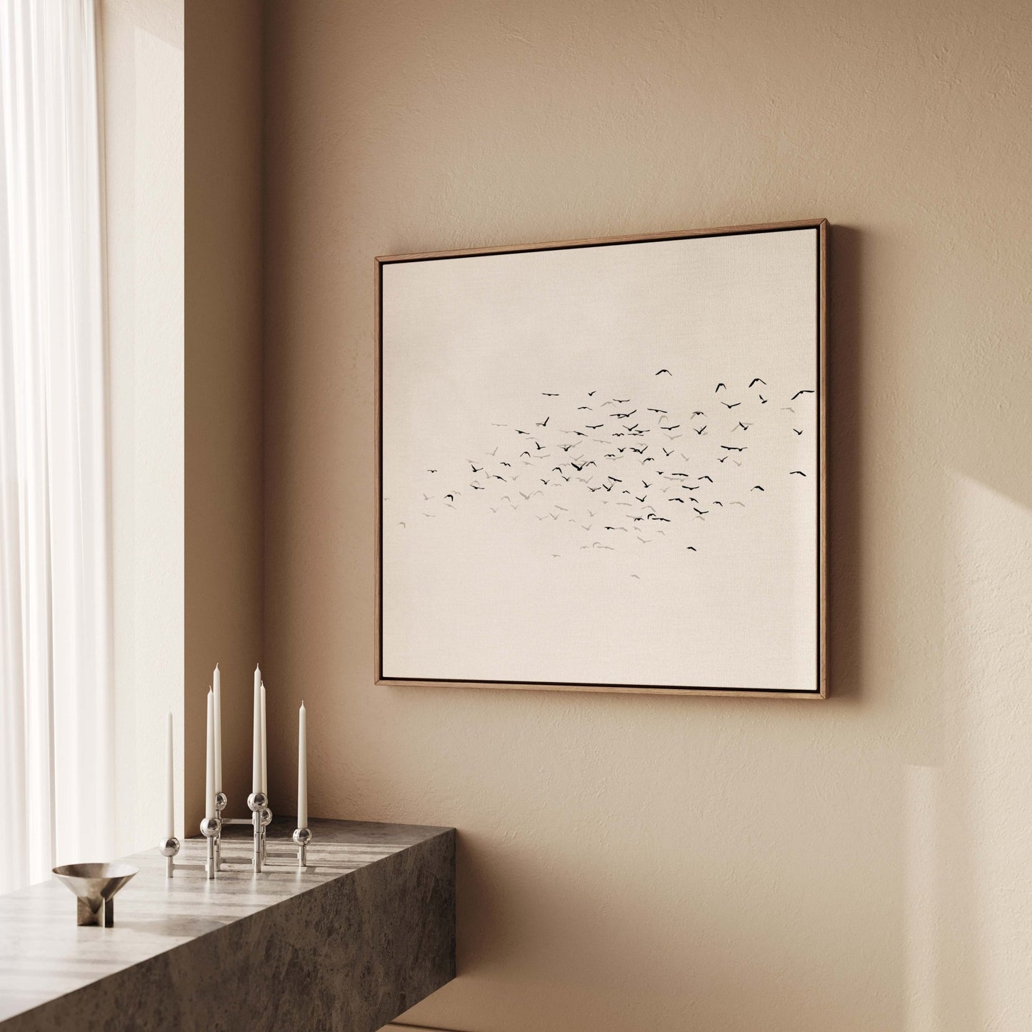 Les Oiseaux Square Framed Canvas - Neutral / Square - AureousHome