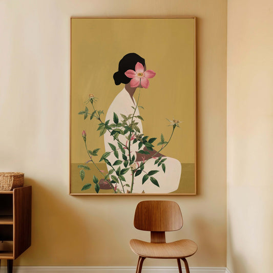 Extra large yellow flower head woman framed canvas wall art