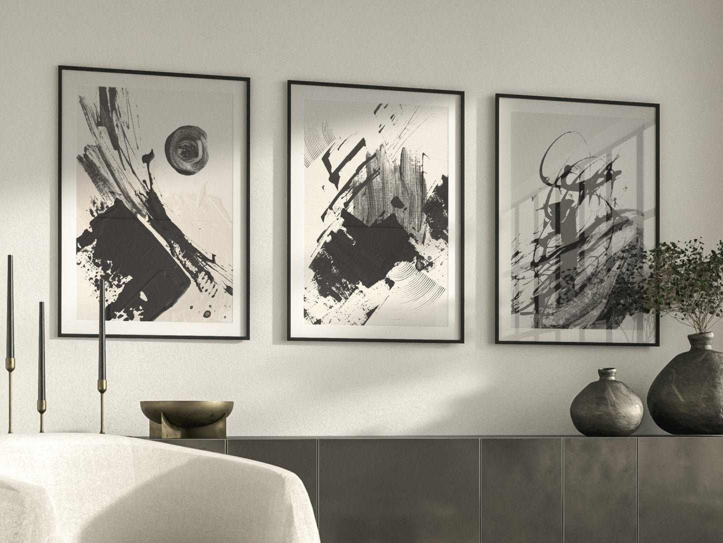 Black Paint Abstract Wall Art Prints - Set Of 3