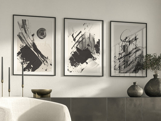 Black Paint Abstract Wall Art Prints - Set Of 3