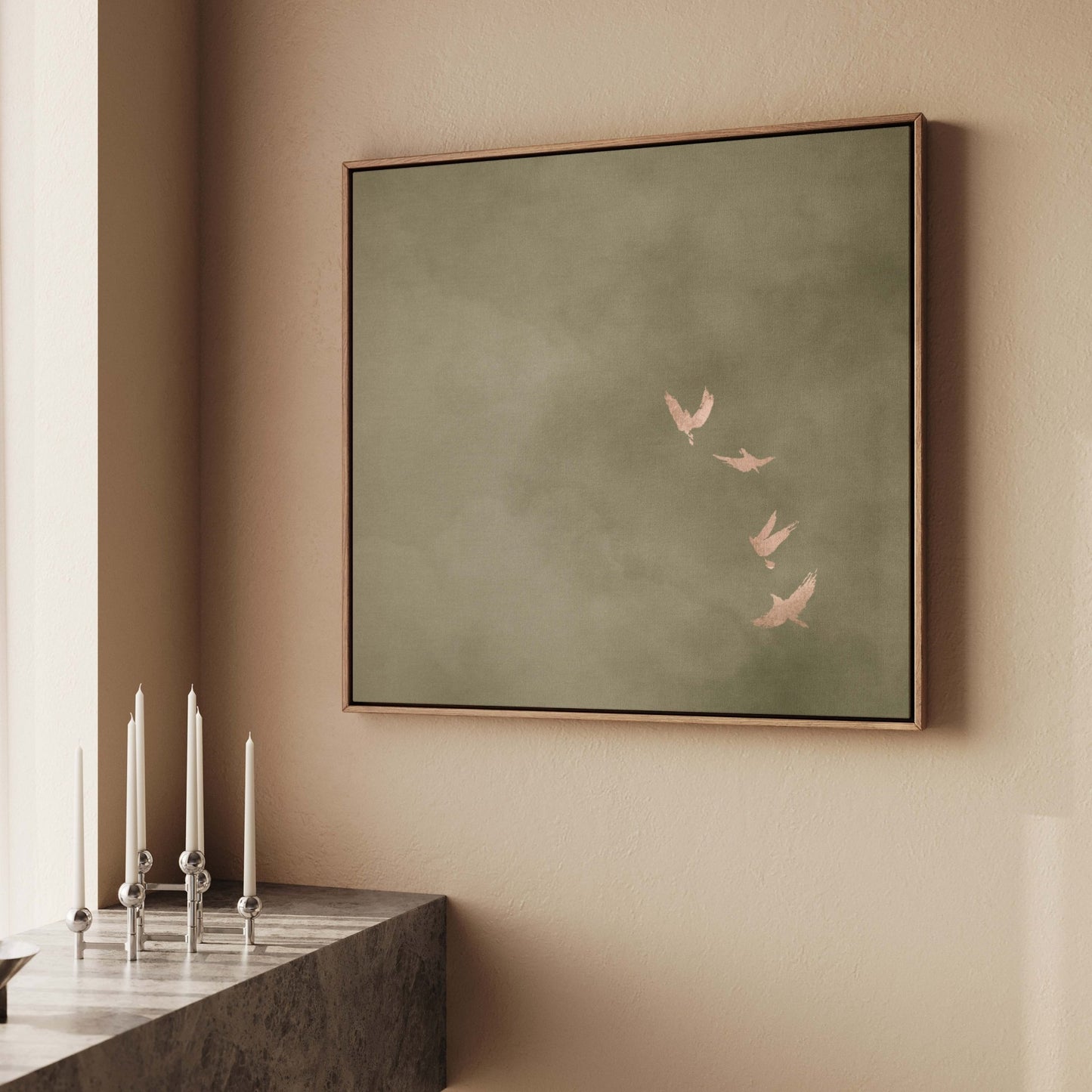 Sky Dance Square Framed Canvas - Olive / Rose - AureousHome