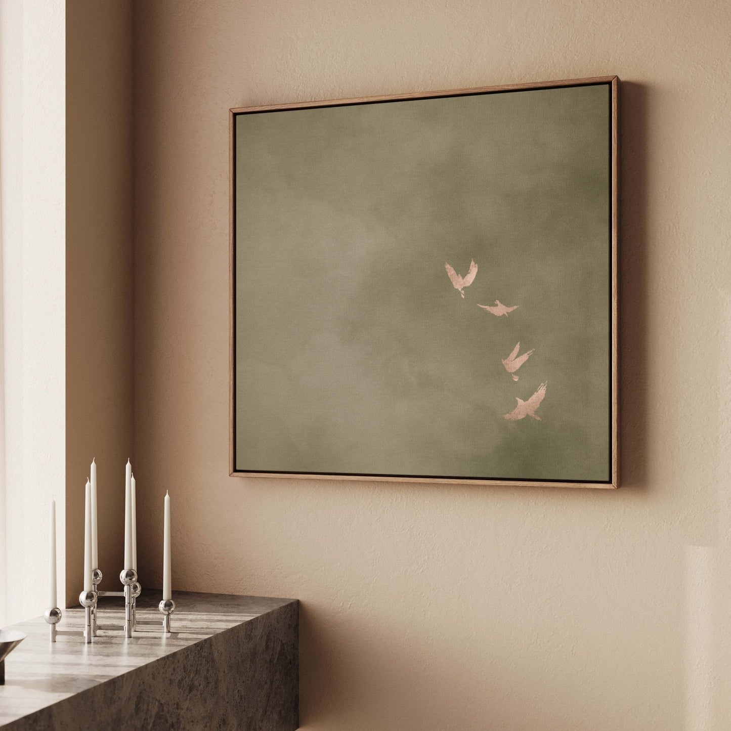 Sky Dance Square Framed Canvas - Olive / Rose - AureousHome