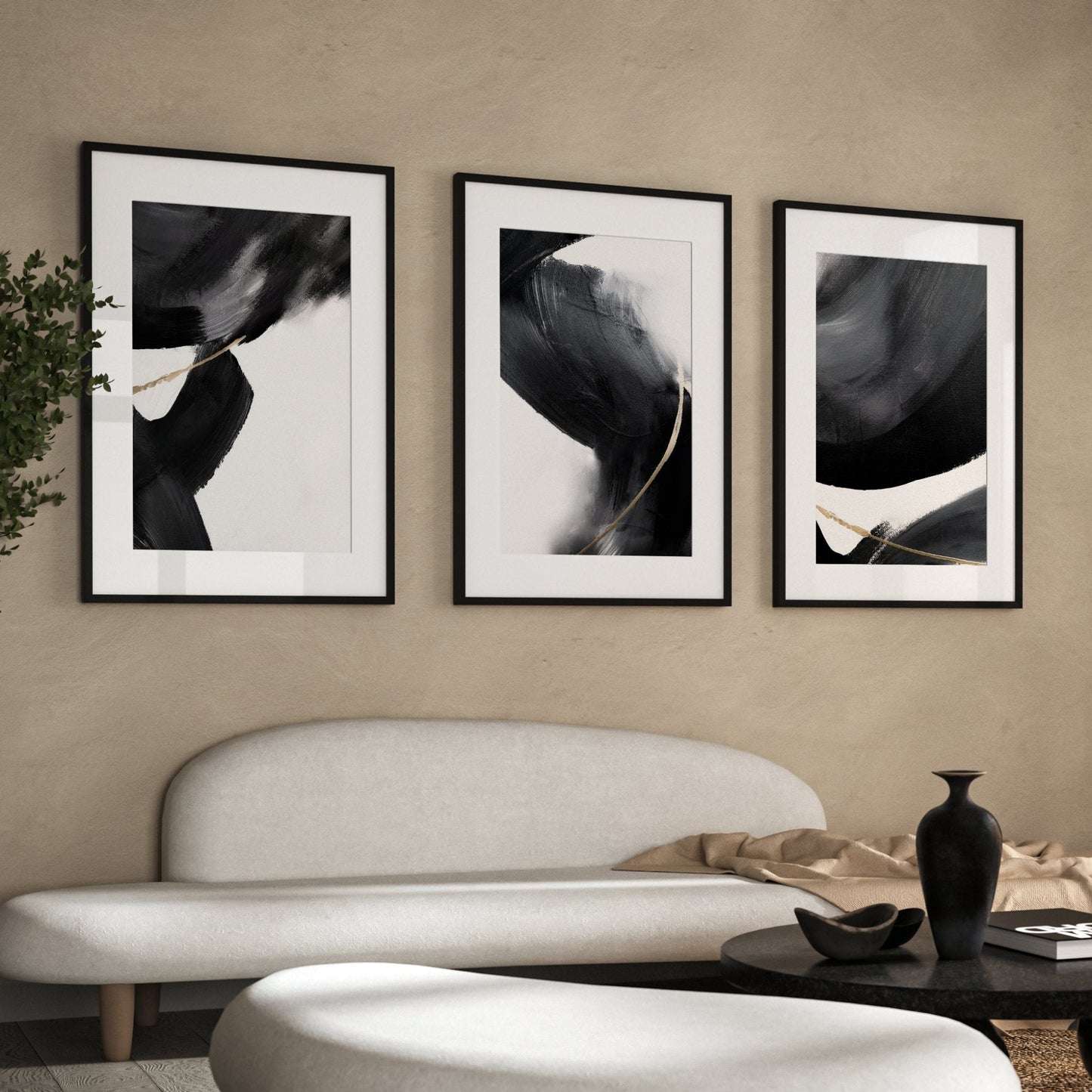 Black And White Brush Strokes Abstract Wall Art Prints - Set Of 3