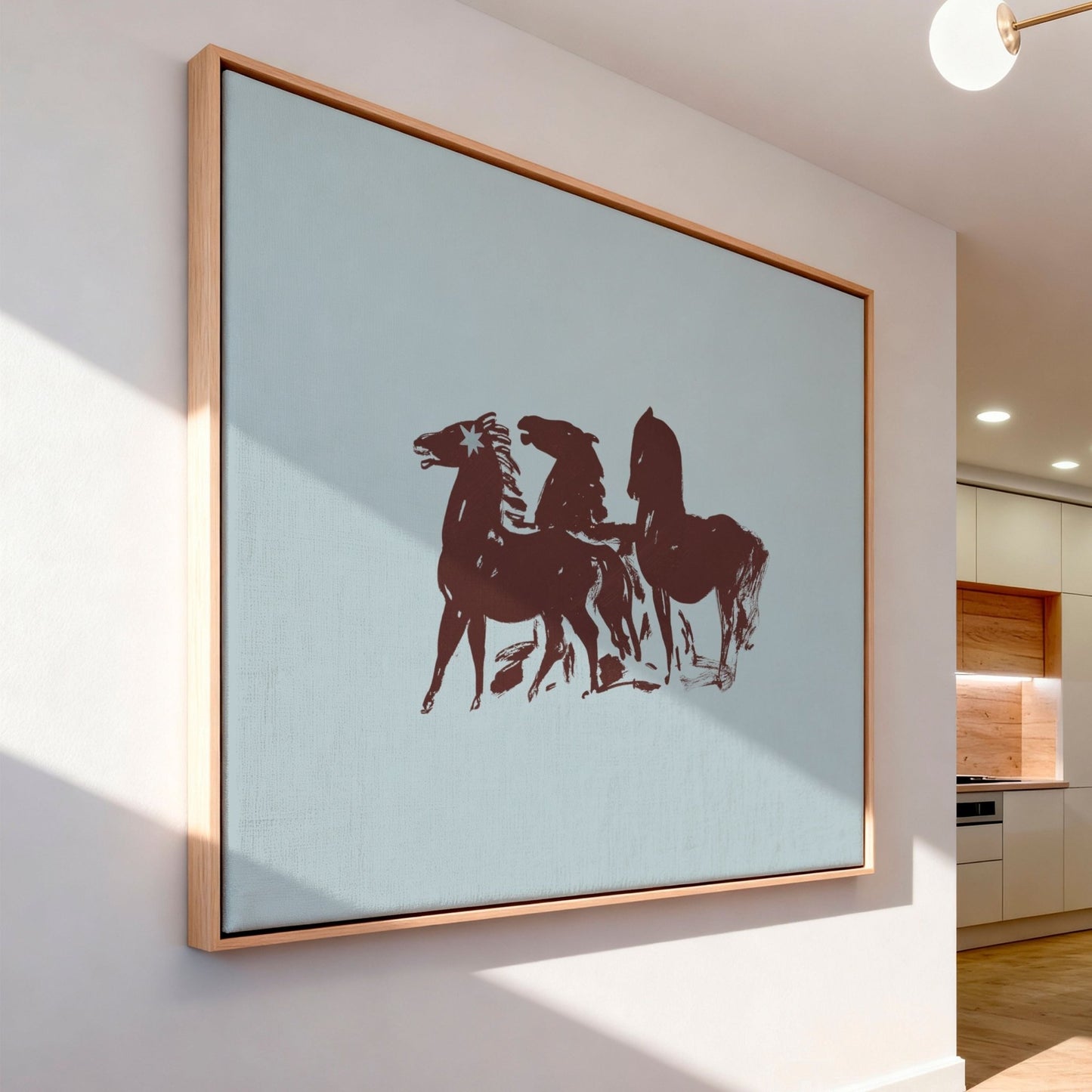 Three Horses Horizontal Framed Canvas - Blue / Burgundy - AureousHome