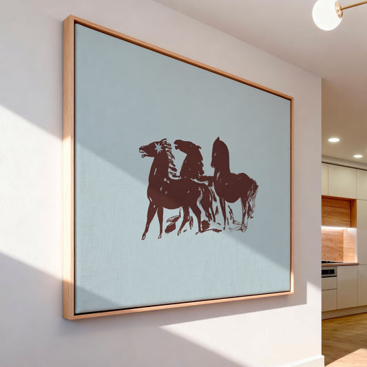 Three Horses Horizontal Framed Canvas - Blue / Burgundy - AureousHome