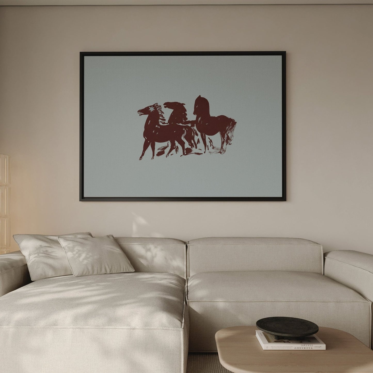 Three Horses Horizontal Framed Canvas - Blue / Burgundy - AureousHome