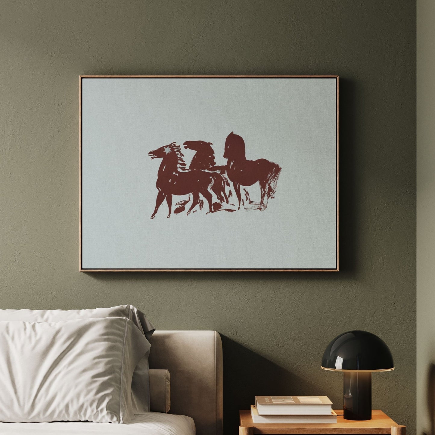 Three Horses Horizontal Framed Canvas - Blue / Burgundy - AureousHome