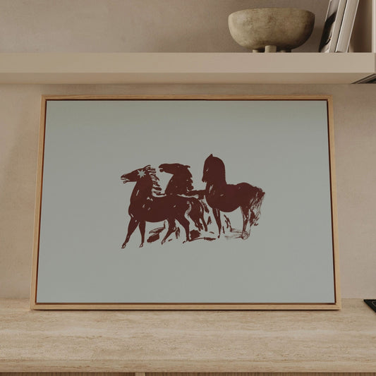 Three Horses Horizontal Framed Canvas - Blue / Burgundy - AureousHome