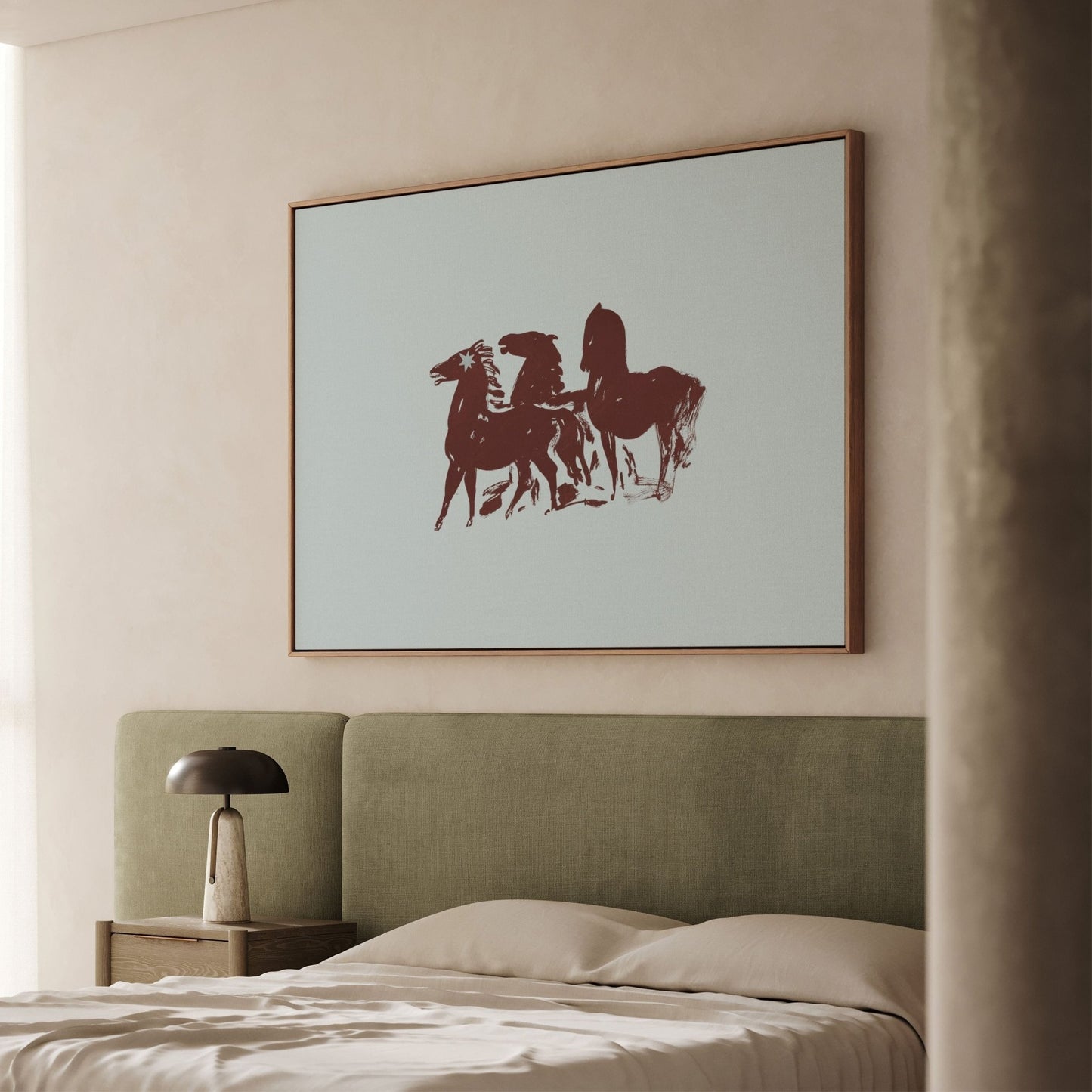 Three Horses Horizontal Framed Canvas - Blue / Burgundy - AureousHome