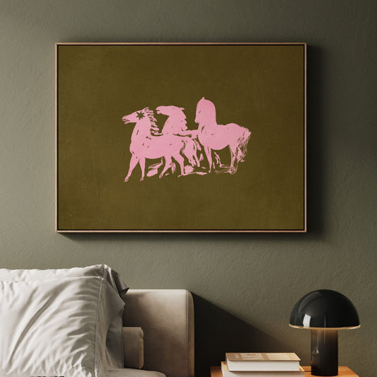 Three Horses Horizontal Framed Canvas - Olive / Pink - AureousHome