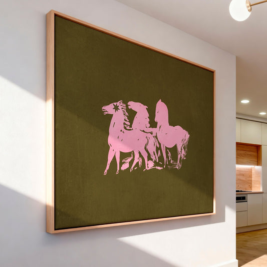 Three Horses Horizontal Framed Canvas - Olive / Pink - AureousHome