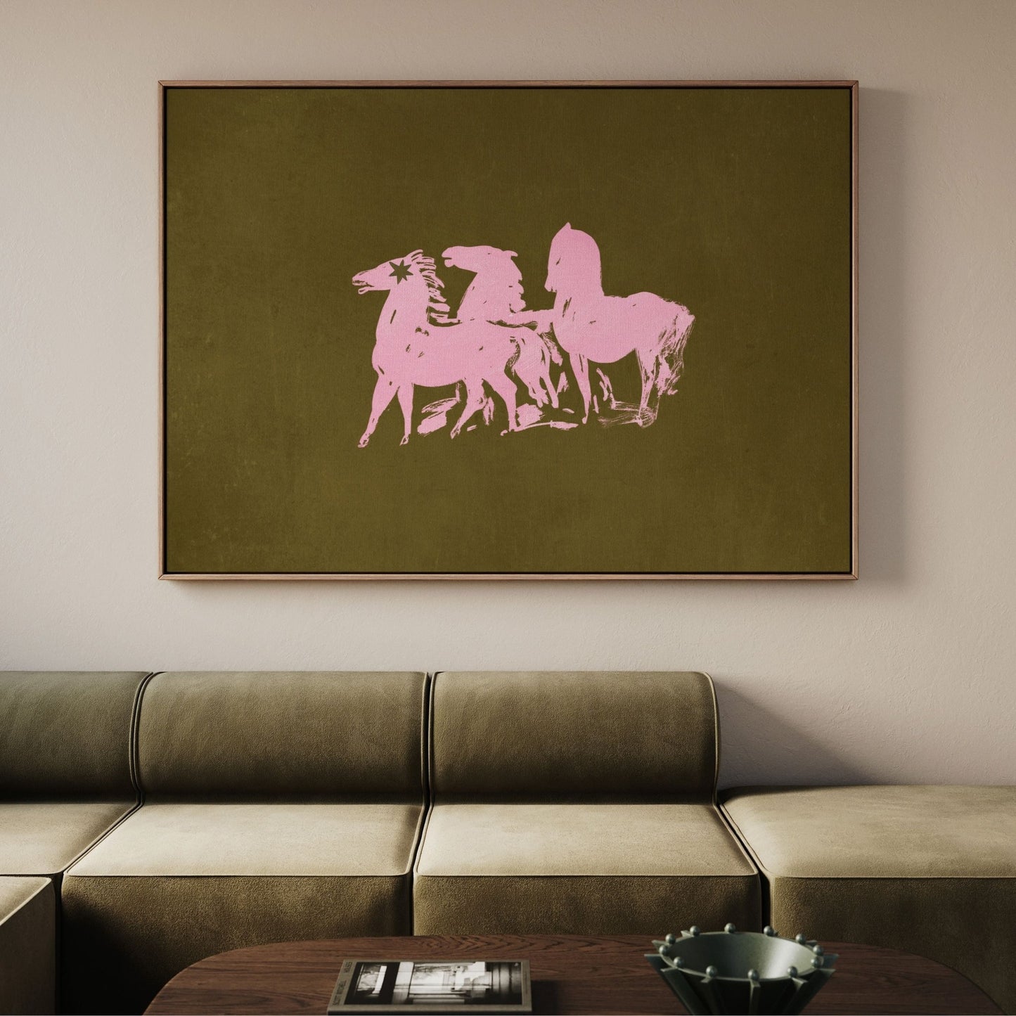 Three Horses Horizontal Framed Canvas - Olive / Pink - AureousHome