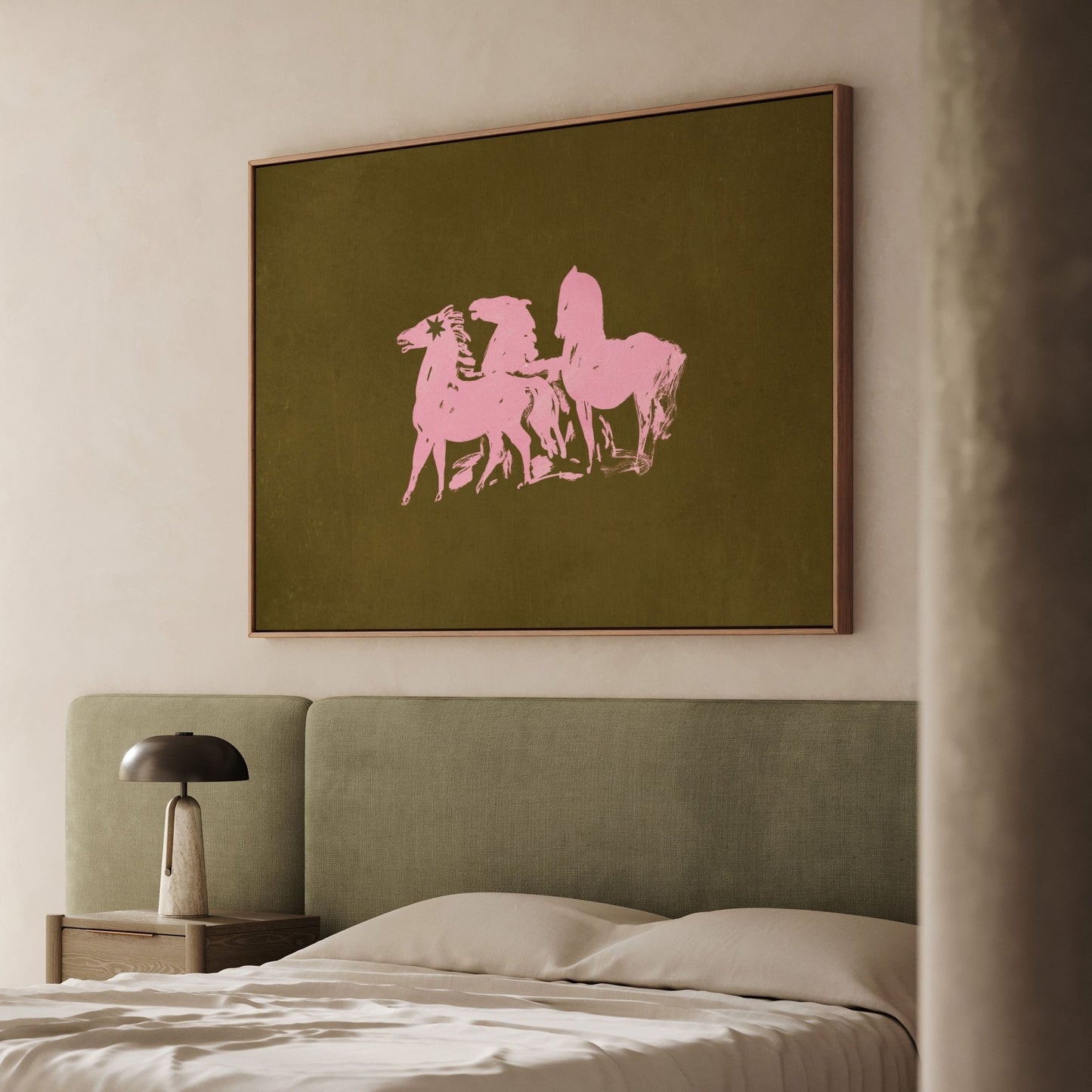 Three Horses Horizontal Framed Canvas - Olive / Pink - AureousHome