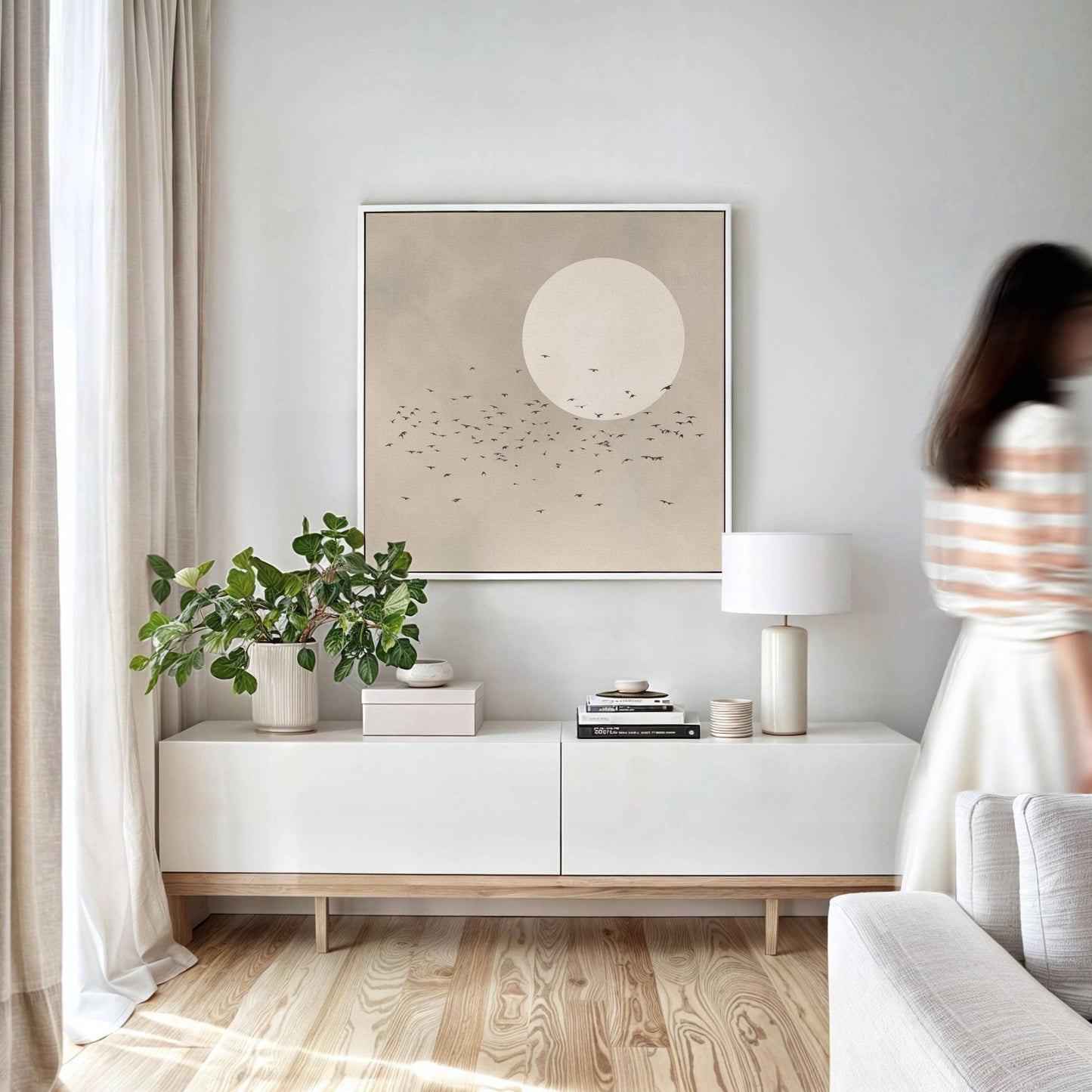 Tsuki Square Framed Canvas - Neutral - AureousHome