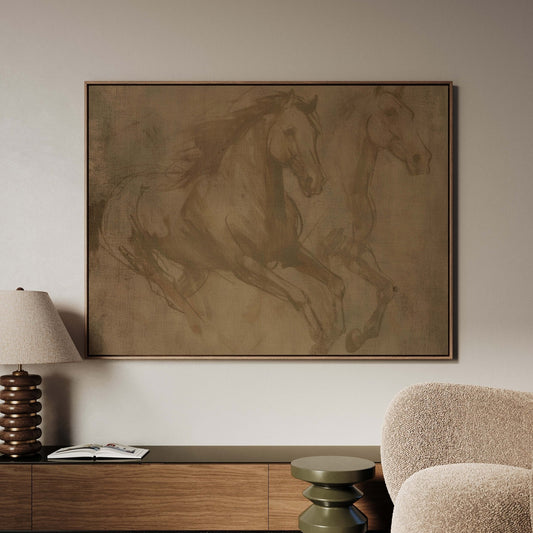 Wild Horses Framed Canvas - Sepia / Horizontal - AureousHome