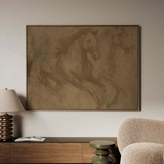 Wild Horses Framed Canvas - Sepia / Horizontal - AureousHome