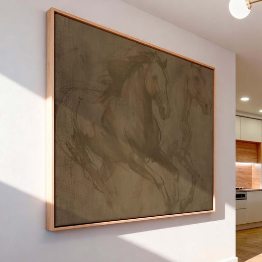 Wild Horses Framed Canvas - Sepia / Horizontal - AureousHome