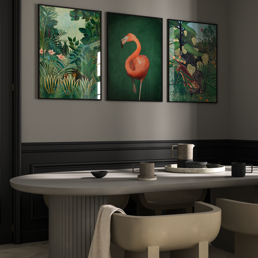 Flamingo And Henri Rousseau Tiger Wall Art Prints - Set Of 3