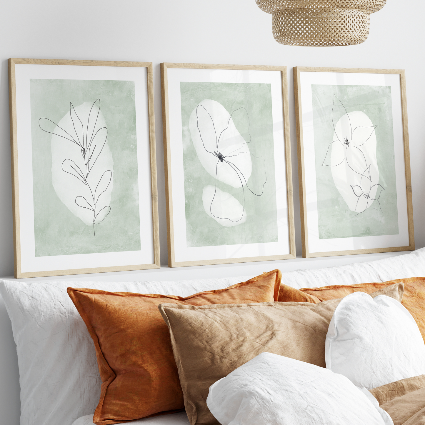 Sage Minimalist Flower Petals Wall Art Prints - Set Of 3