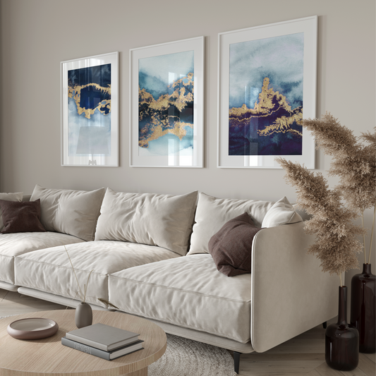Oceanic Blue Abstract Wall Art Prints - Set Of 3