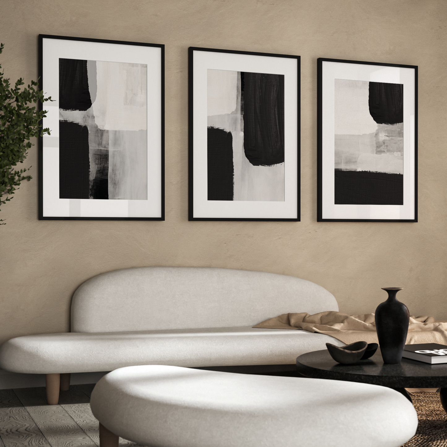 Monochrome Oversized Brush Strokes Wall Art Prints - Set Of 3