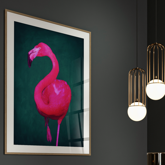 Pink and green flamingo wall art print