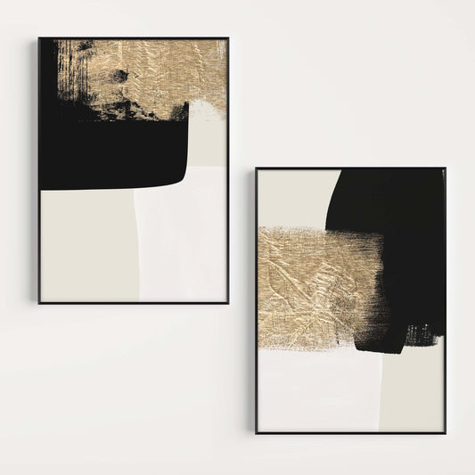 Gold And Black Abstract Wall Art Prints - Set of 2