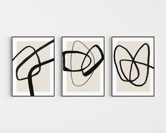 Beige and Black Abstract Wall Art Prints - Set of 3